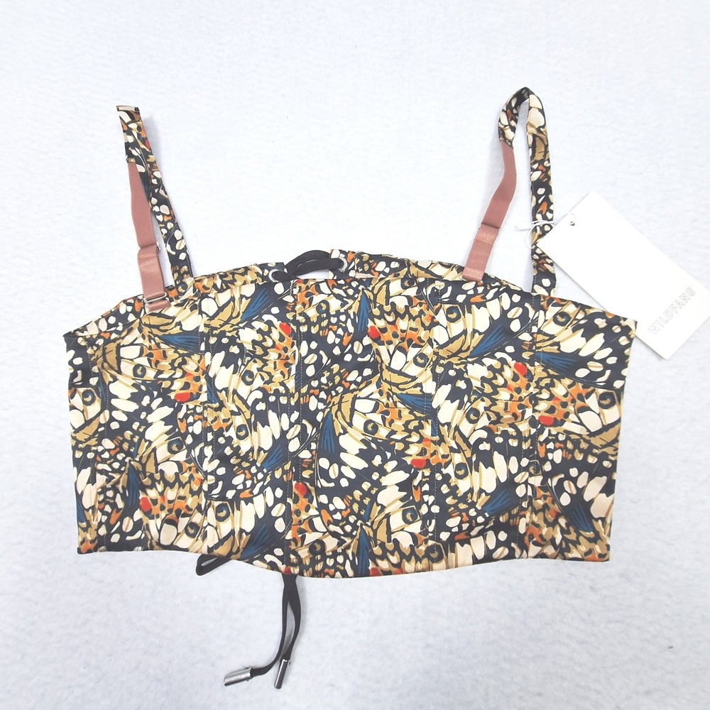 Wildfang Empower 6-Way Corset Top Womens Large Brown Black Butterfly Print NWT
